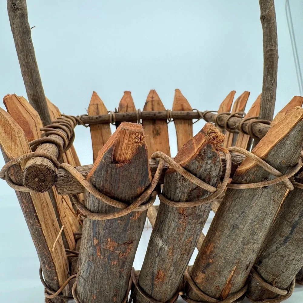 Vtg Rustic Twig Wood Basket Primitive Split Wood Handmade Farmhouse Gathering